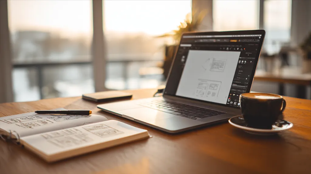 A professional Chester WorX workspace featuring a laptop with a WordPress dashboard and hand-drawn website wireframes on a wooden desk.