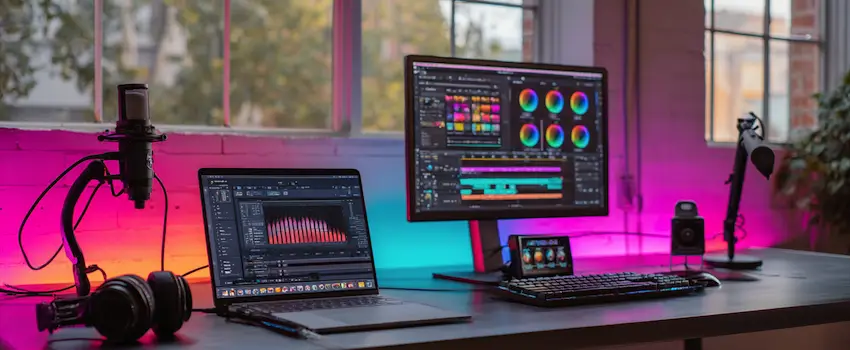 A modern Chester WorX multimedia workstation featuring professional audio and video editing software with vibrant LED studio lighting.