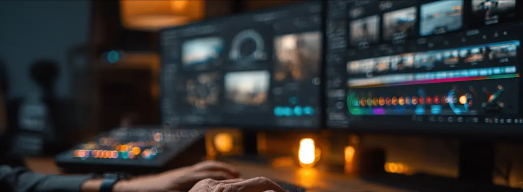 A Chester WorX video editor colour grading and finishing a professional brand film on a multi-monitor editing setup.