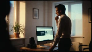 Small business owner reviewing a newly launched website in a modern office