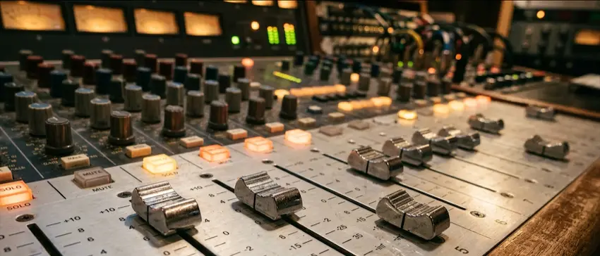 Professional audio mixing console with faders and glowing orange lights.