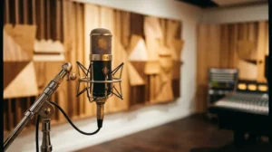 Audio production online. Professional vintage Neumann microphone in a high-end recording studio with wooden acoustic diffusers.