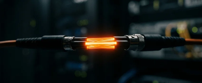 Glowing fiber optic cables representing secure data transmission