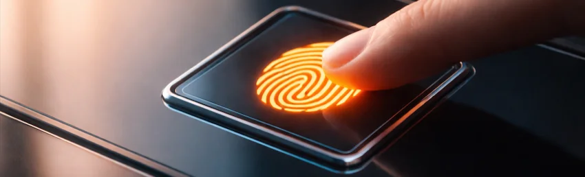 A minimalist fingerprint scanner with orange light, symbolizing biometric security