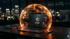 A glowing orange holographic shield protecting a laptop, representing 2026 web security.