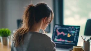 cybersecurity analyst at Chester WorX reviewing WordPress vulnerability reports and security data on a laptop in a modern office setting.