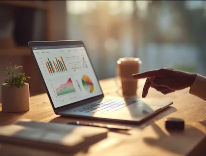 Hand pointing at website analytics charts on a laptop, representing SEO and data insights for a small business website.