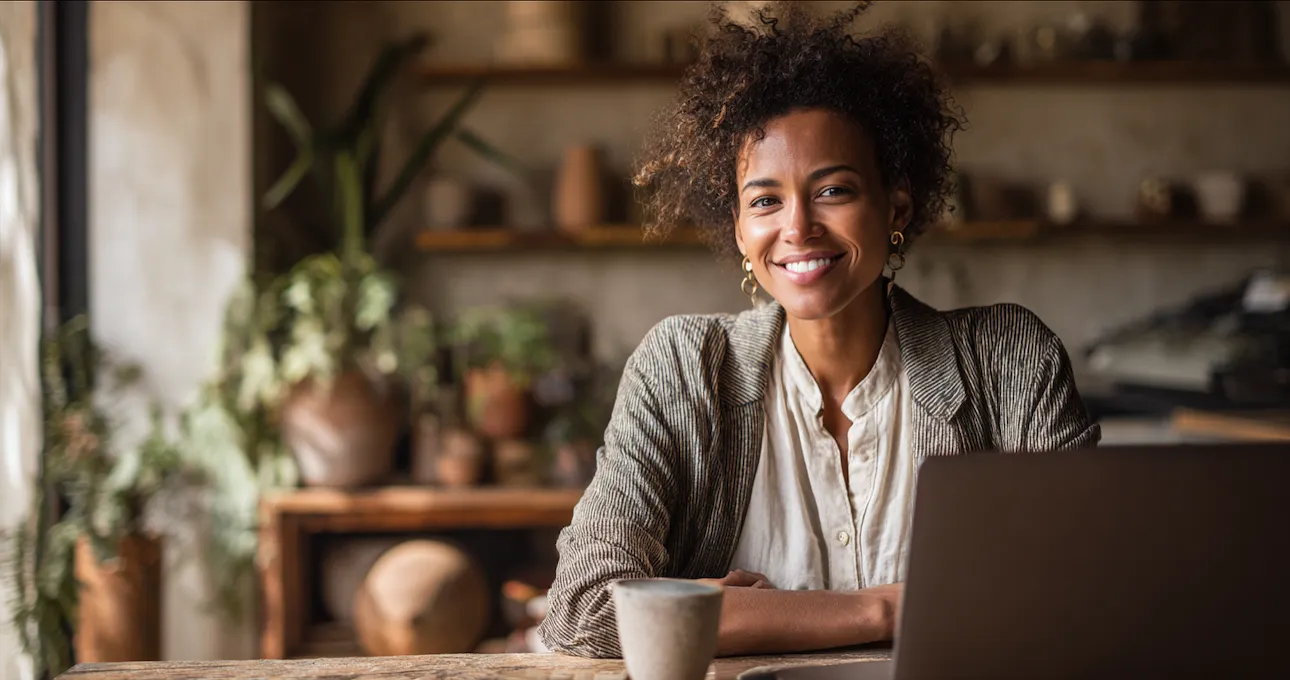 Small business owner smiling confidently while viewing a professional, mobile-ready WordPress website designed by Chester WorX agency.