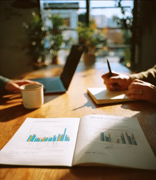 Photo of two people reviewing a printed website growth report and planning next steps.