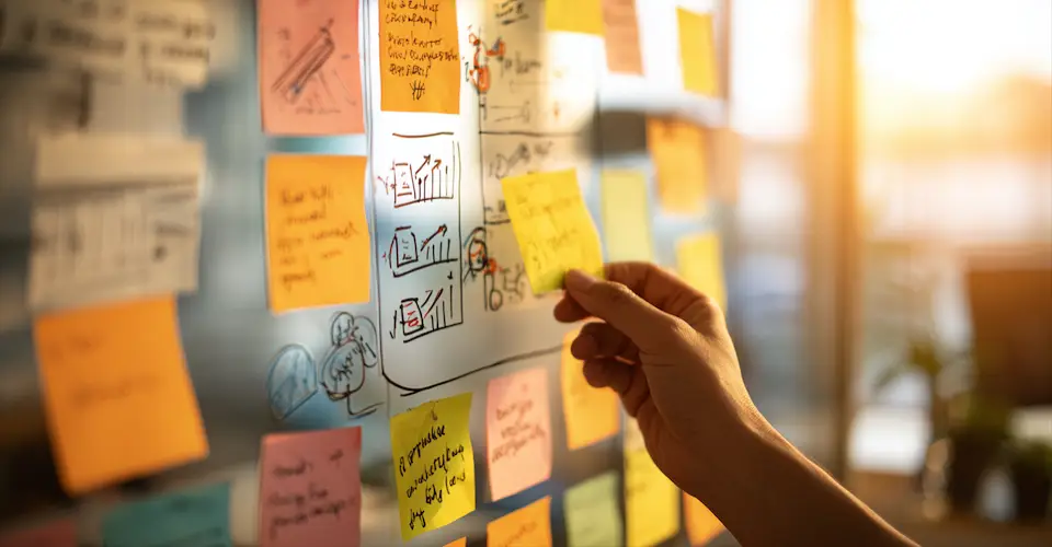 Strategic planning whiteboard with sticky notes representing website growth strategy.