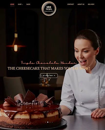 Professional bakery website design for MiMi Delights featuring a chef and chocolate cheesecake, showcasing high-impact multimedia web design by Chester WorX.