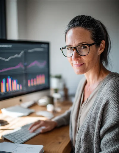 Chester WorX specialist analyzing SEO performance data on a computer monitor in a modern office.