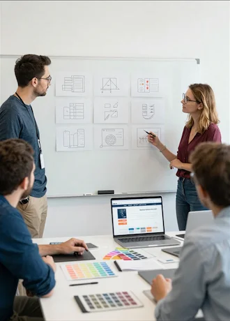 Chester WorX web design team collaborating on website wireframes and color palettes during a creative meeting.