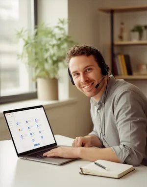 Friendly Chester WorX contact specialist with a headset ready to answer questions and quote requests