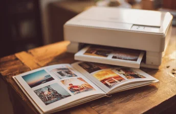 Flatbed scanner digitizing printed photos and family photo albums
