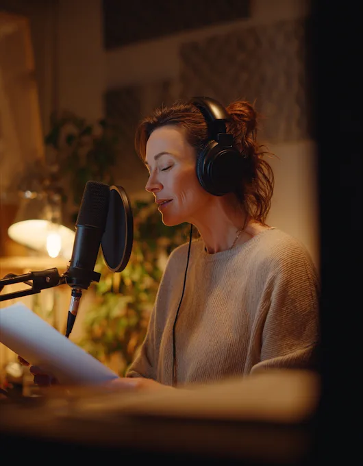 Female voice artist recording calmly in a home studio with professional headphones and microphone, for Chester WorX audio production.