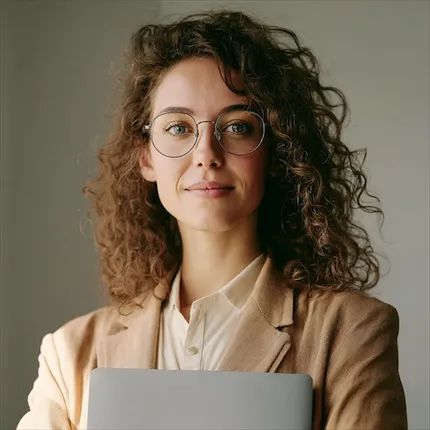 Friendly Chester WorX web designer holding a laptop in a bright, minimal office