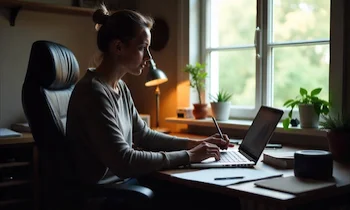 Chester WorX web designer working diligently on a laptop at a desk with natural light, focused on a project.