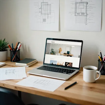 Web designer's desk with a laptop displaying a website, alongside design blueprints and a coffee cup, representing website development.