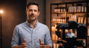 Small business owner speaking on camera in a modern studio with products behind them.