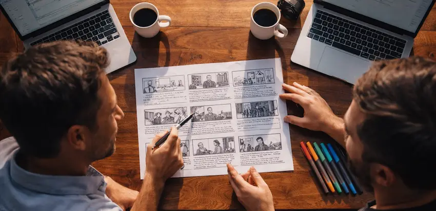 Business owner and video producer planning a storyboard at a table.