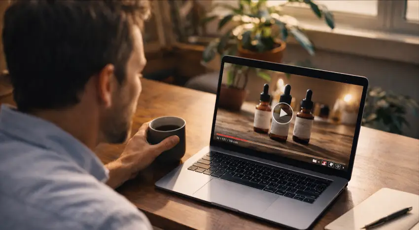 Business owner reviewing a finished marketing video on a laptop in a cozy office